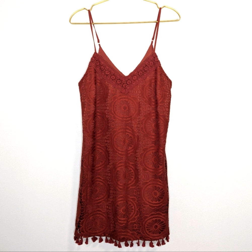 Xtraordinary Medium Burnt Orange Fully Lined Lace Spaghetti Strap Tassel Dress